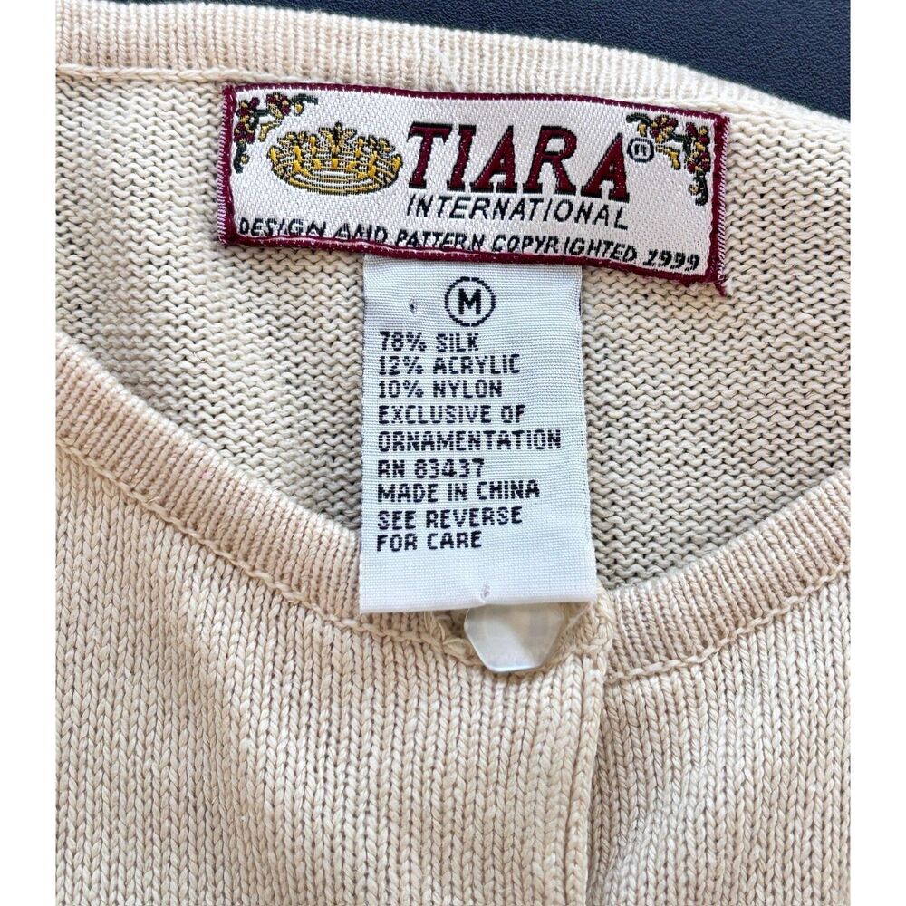 Vintage 90s TIARA International Embroidered Floral Cardigan Silk Blend Cream Med - Picture 5 of 9